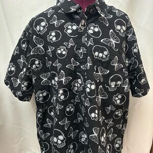 Men's Black Skull and Butterfly Print Casual Shirt